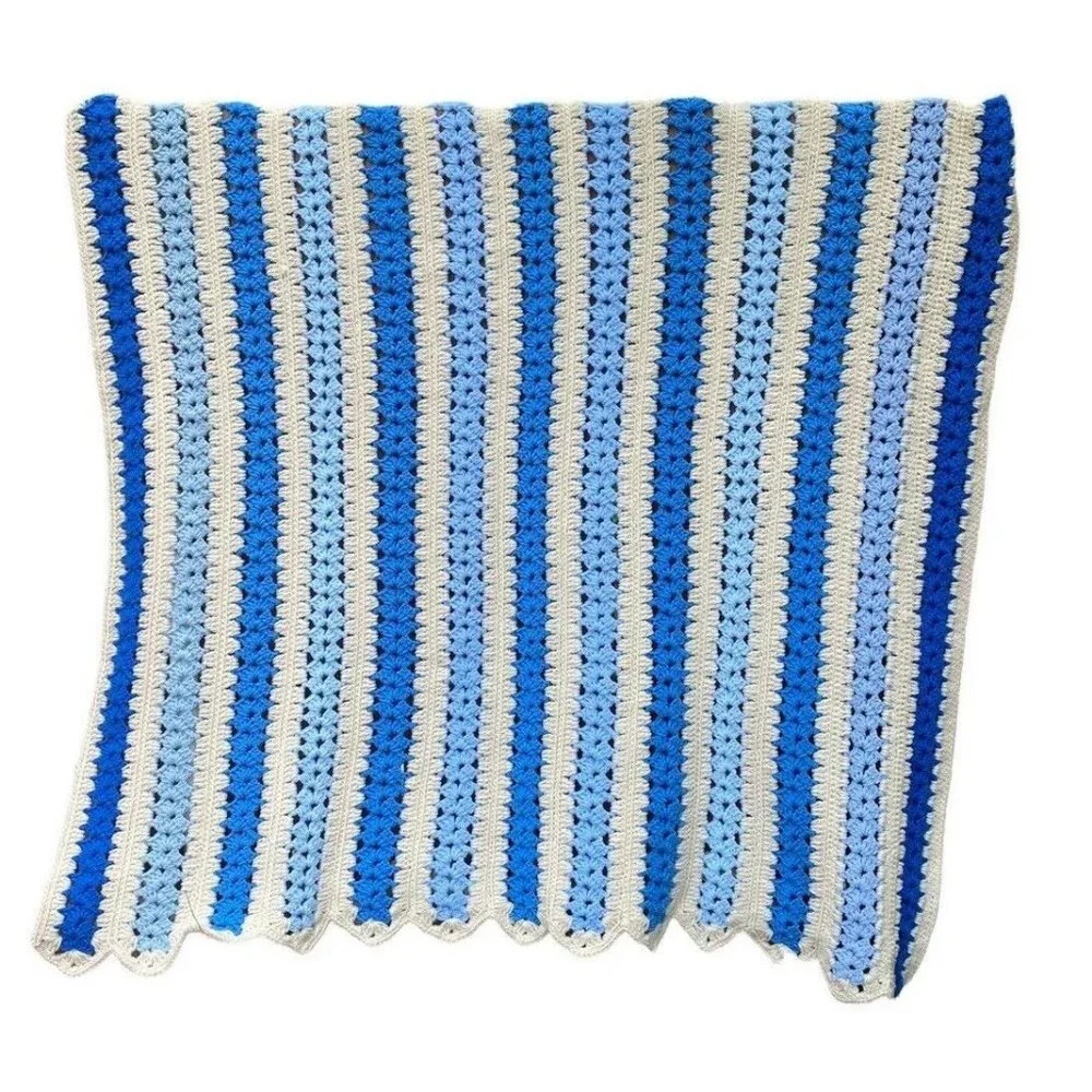 Handmade Crochet Afghan Throw Blanket Blue White Striped Scalloped‎ 24 X 44